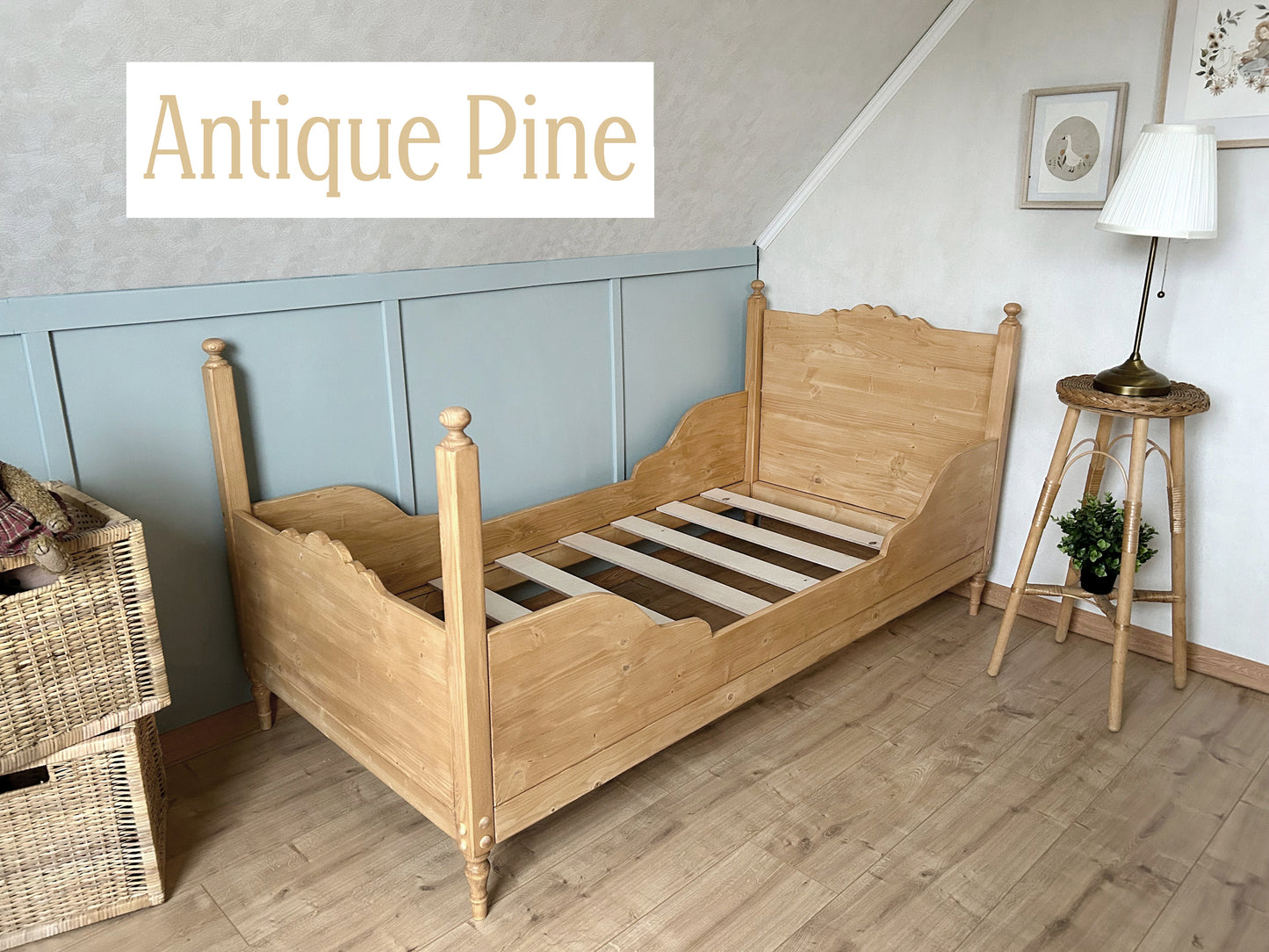 Toddler Vintage design Sleigh Bed, antique pine color, any color