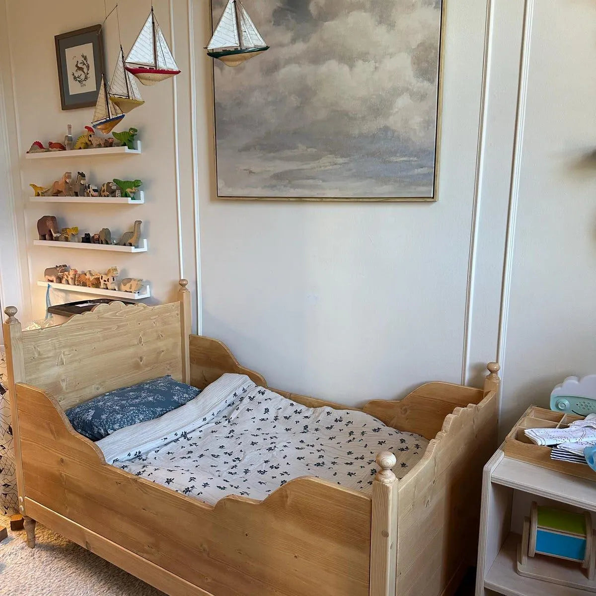 Toddler Vintage design Sleigh Bed, antique pine color, any color